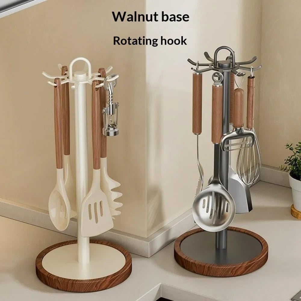 360 Degree Rotating Kitchen Utensil Holder 8 Hooks Swivel Stand Wooden Base Countertop Organizer - Grey - 6