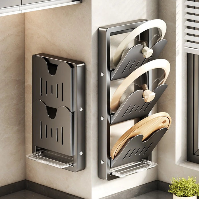 2-Tier Wall Mounted Pot Lid Holder Shelf Foldable Carbon Steel No Drill Kitchen Organizer Rack - Grey - 7