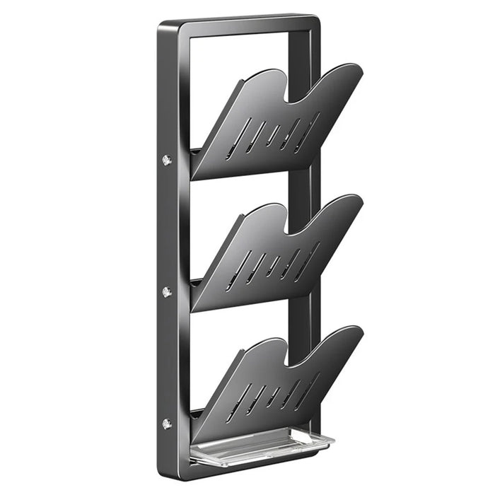 3-Tier Wall Mounted Cutting Boards Pot Lid Holder Shelf Foldable Carbon Steel No Drill Kitchen Organizer Rack - Grey - 1