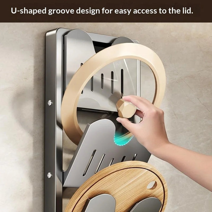 3-Tier Wall Mounted Cutting Boards Pot Lid Holder Shelf Foldable Carbon Steel No Drill Kitchen Organizer Rack - Grey - 5
