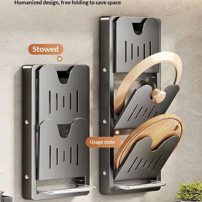 3-Tier Wall Mounted Cutting Boards Pot Lid Holder Shelf Foldable Carbon Steel No Drill Kitchen Organizer Rack - Grey - 6