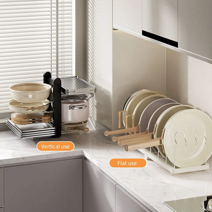 Foldable Utensils Pot Rack Multi-Layer Kitchen Shelf Vertical Flat ABS Stainless Steel Kitchen Organizer for Cabinet Countertop - White - 4