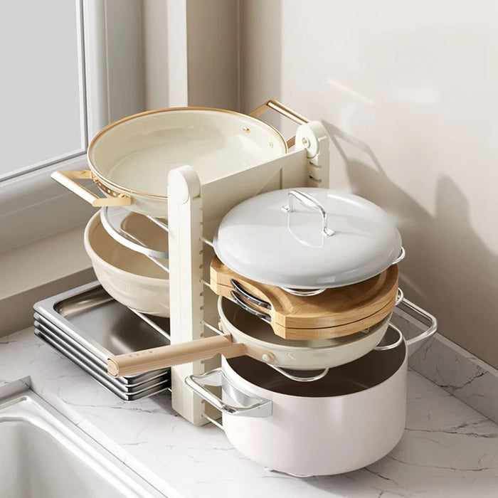 Foldable Utensils Pot Rack Multi-Layer Kitchen Shelf Vertical Flat ABS Stainless Steel Kitchen Organizer for Cabinet Countertop - White - 5