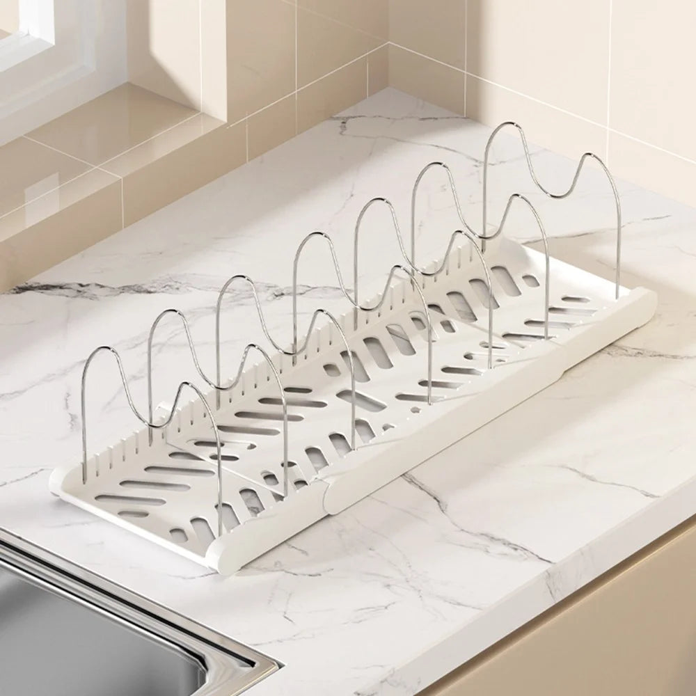 Telescopic Cookware Storage Rack Adjustable Kitchen Organizer Multi-Layer Pot Lid Desktop Holder - White - 1