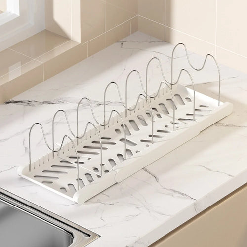Telescopic Cookware Storage Rack Adjustable Kitchen Organizer Multi-Layer Pot Lid Desktop Holder - White - 1