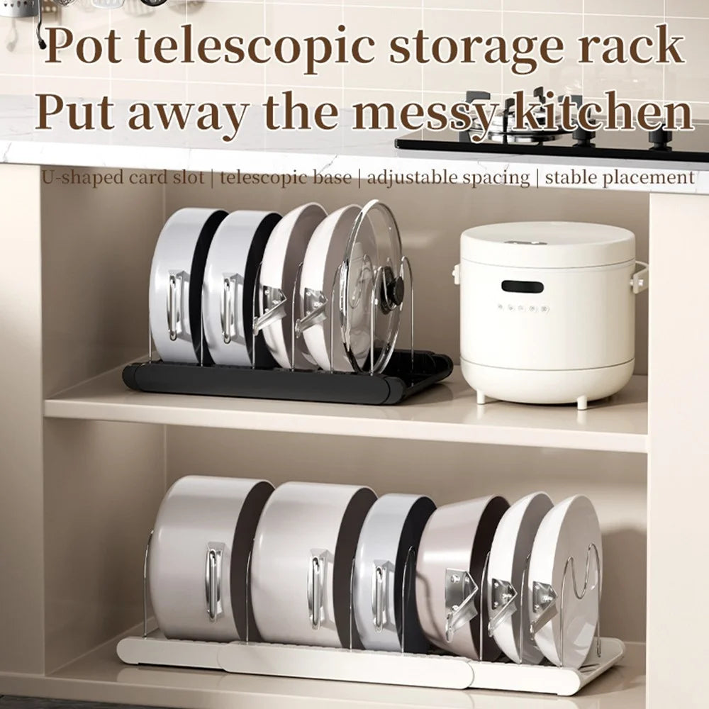 Telescopic Cookware Storage Rack Adjustable Kitchen Organizer Multi-Layer Pot Lid Desktop Holder - White - 2