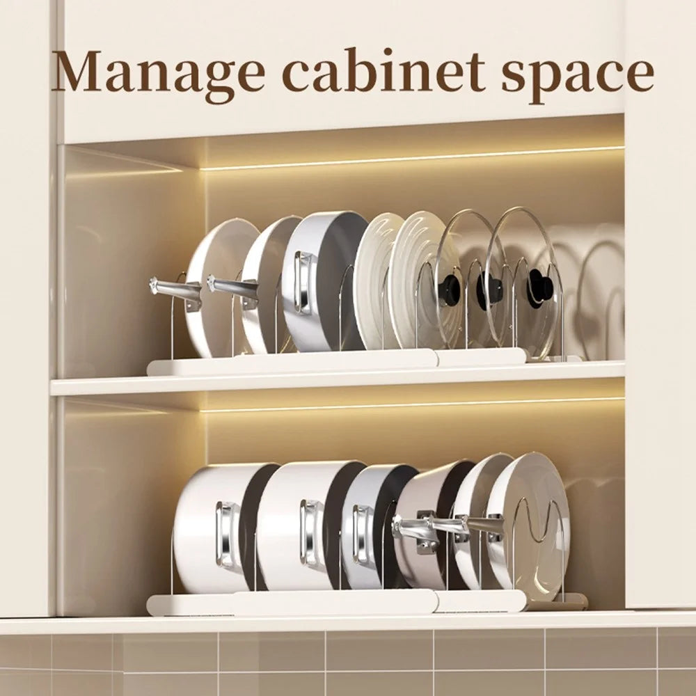 Telescopic Cookware Storage Rack Adjustable Kitchen Organizer Multi-Layer Pot Lid Desktop Holder - White - 3