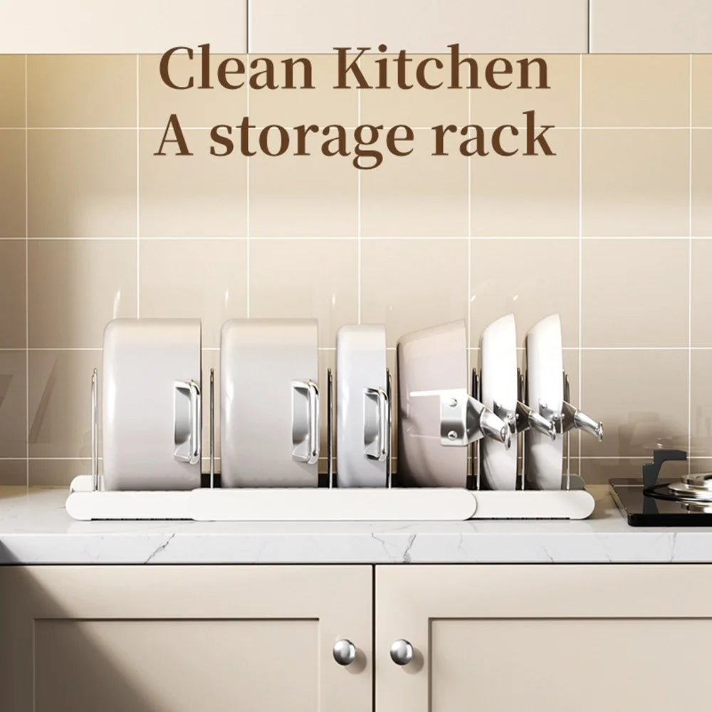 Telescopic Cookware Storage Rack Adjustable Kitchen Organizer Multi-Layer Pot Lid Desktop Holder - White - 4