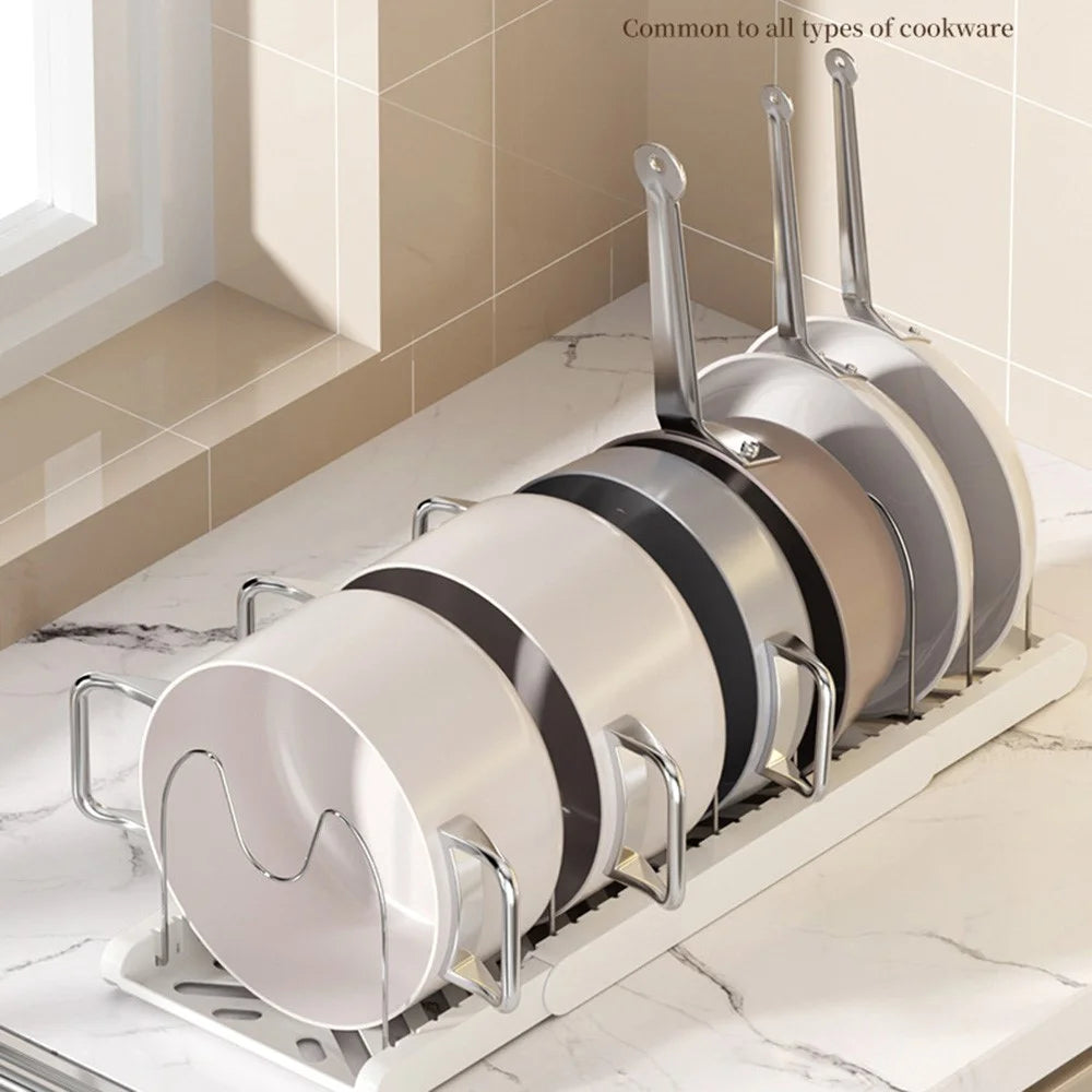 Telescopic Cookware Storage Rack Adjustable Kitchen Organizer Multi-Layer Pot Lid Desktop Holder - White - 6