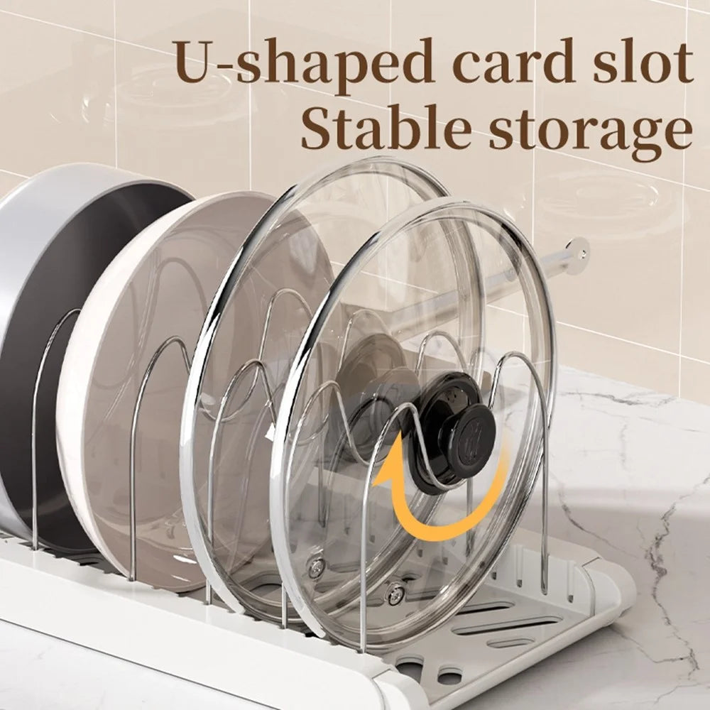 Telescopic Cookware Storage Rack Adjustable Kitchen Organizer Multi-Layer Pot Lid Desktop Holder - White - 7