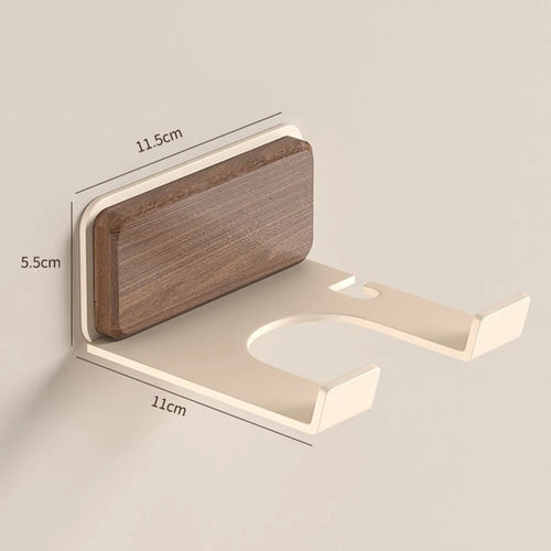 Wall Mounted Hair Dryer Holder No Drill Bathroom Organizer Aluminum Wood Storage Rack - Walnut Wood  /  White - 1
