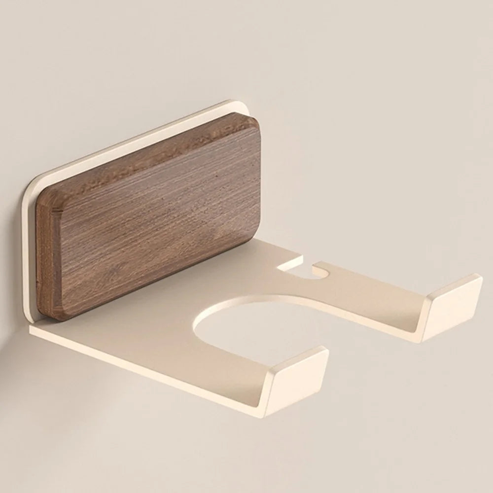 Wall Mounted Hair Dryer Holder No Drill Bathroom Organizer Aluminum Wood Storage Rack - Walnut Wood  /  White - 2