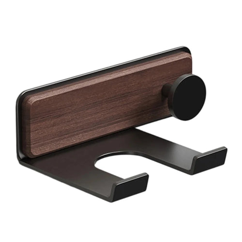Hair Dryer Holder with Hook Wall Mount No Drill Bathroom Organizer Aluminum Wood Storage Rack - Walnut Wood  /  Black - 1