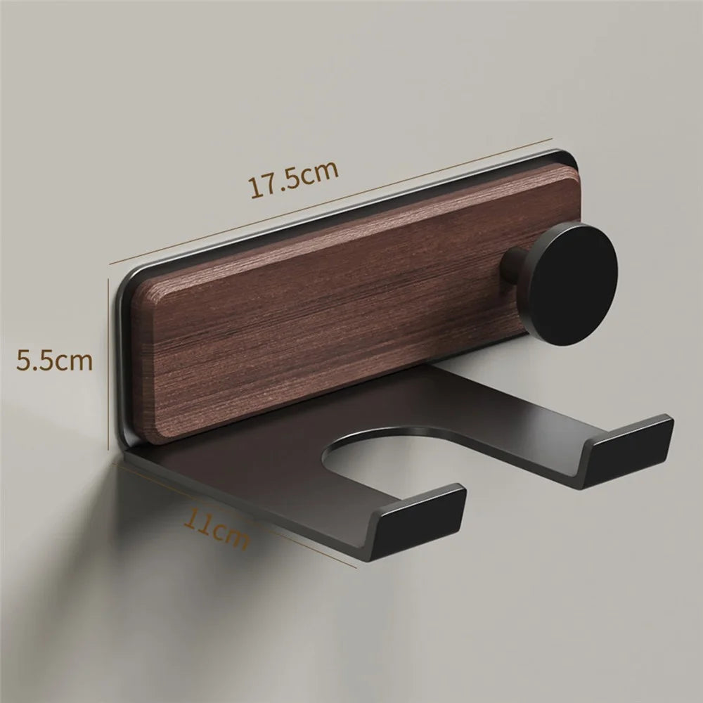 Hair Dryer Holder with Hook Wall Mount No Drill Bathroom Organizer Aluminum Wood Storage Rack - Walnut Wood  /  Black - 6