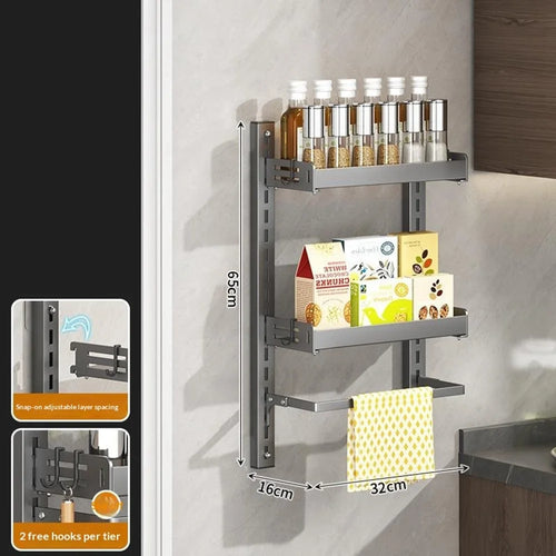 2-Tier Wall Mounted Kitchen Storage Rack with 4Pcs Hooks & Single-Layer Hanging Rod No Drill Adjustable Spice Organizer for Cabinet Door - Grey - 1