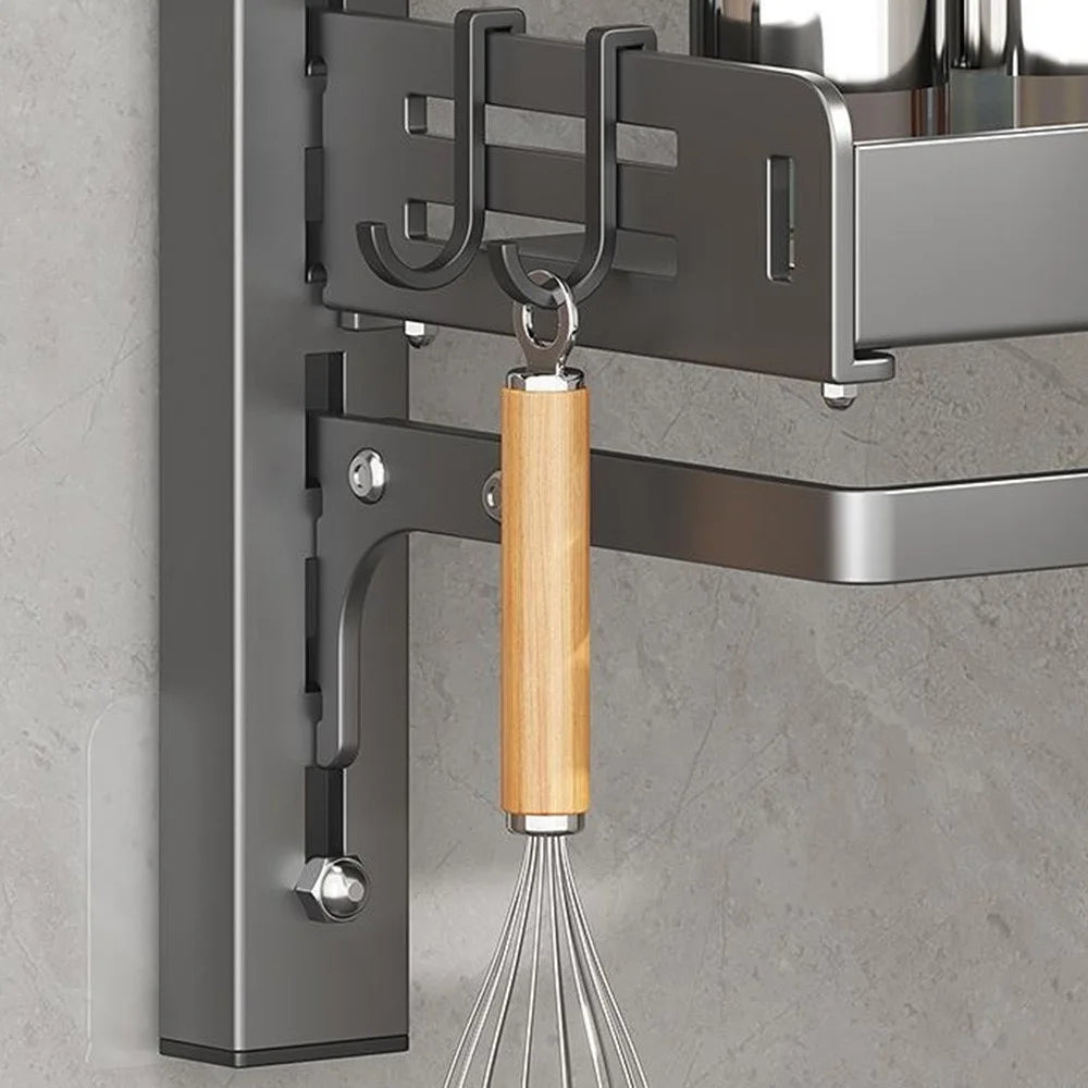 2-Tier Wall Mounted Kitchen Storage Rack with 4Pcs Hooks & Single-Layer Hanging Rod No Drill Adjustable Spice Organizer for Cabinet Door - Grey - 6
