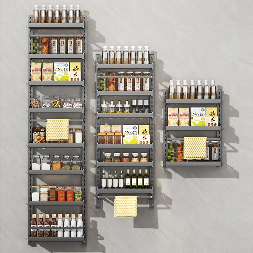 2-Tier Wall Mounted Kitchen Storage Rack with 4Pcs Hooks & Single-Layer Hanging Rod No Drill Adjustable Spice Organizer for Cabinet Door - Grey - 7