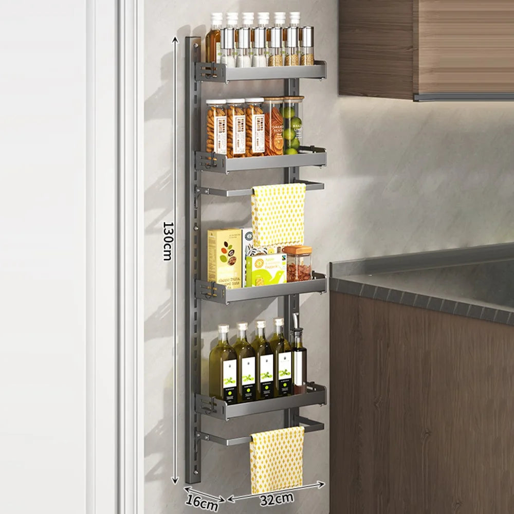 4-Tier Wall Mounted Kitchen Storage Rack with 8Pcs Hooks & 2-Layer Hanging Rod No Drill Adjustable Spice Organizer for Cabinet Door - Grey - 1