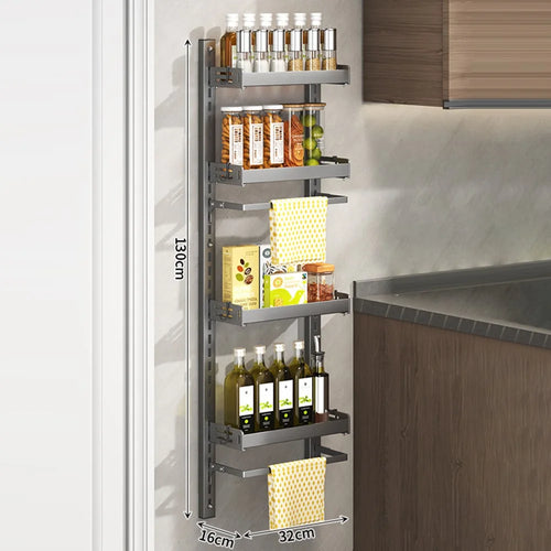 4-Tier Wall Mounted Kitchen Storage Rack with 8Pcs Hooks & 2-Layer Hanging Rod No Drill Adjustable Spice Organizer for Cabinet Door - Grey - 1
