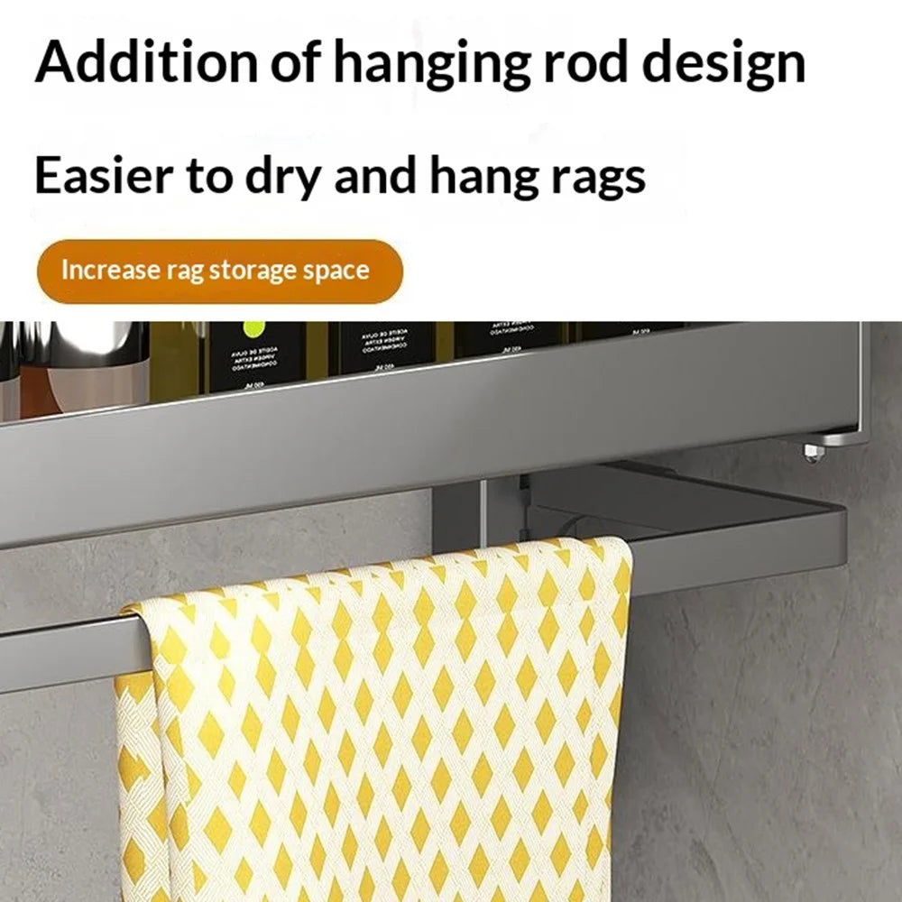 4-Tier Wall Mounted Kitchen Storage Rack with 8Pcs Hooks & 2-Layer Hanging Rod No Drill Adjustable Spice Organizer for Cabinet Door - Grey - 2