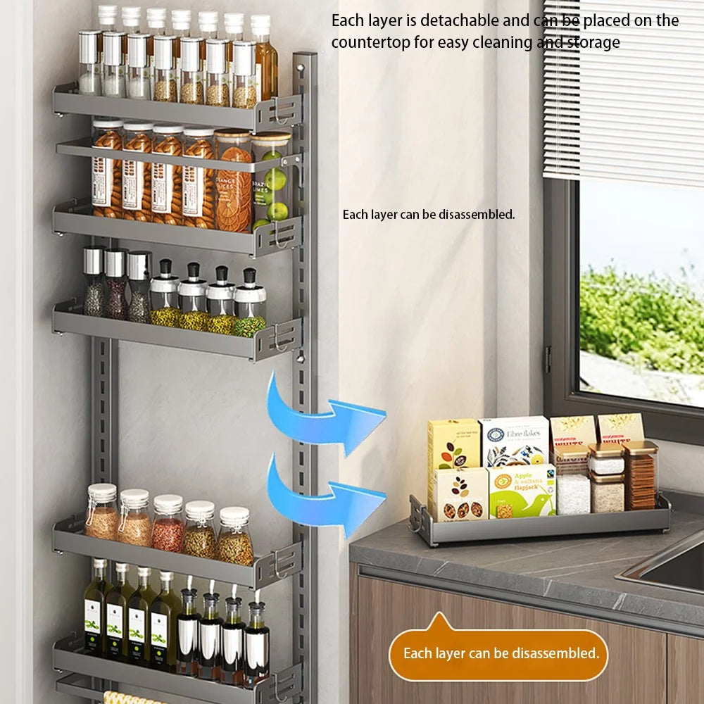 4-Tier Wall Mounted Kitchen Storage Rack with 8Pcs Hooks & 2-Layer Hanging Rod No Drill Adjustable Spice Organizer for Cabinet Door - Grey - 3