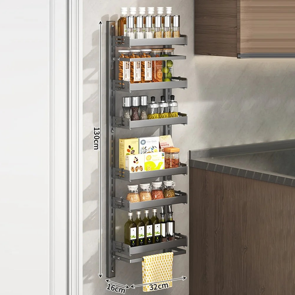 6-Tier Wall Mounted Kitchen Storage Rack with 12Pcs Hooks & 2-Layer Hanging Rod No Drill Adjustable Spice Organizer for Cabinet Door - Grey - 1