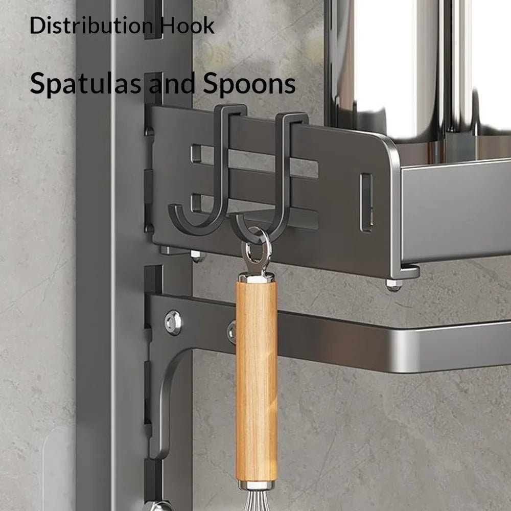 6-Tier Wall Mounted Kitchen Storage Rack with 12Pcs Hooks & 2-Layer Hanging Rod No Drill Adjustable Spice Organizer for Cabinet Door - Grey - 6