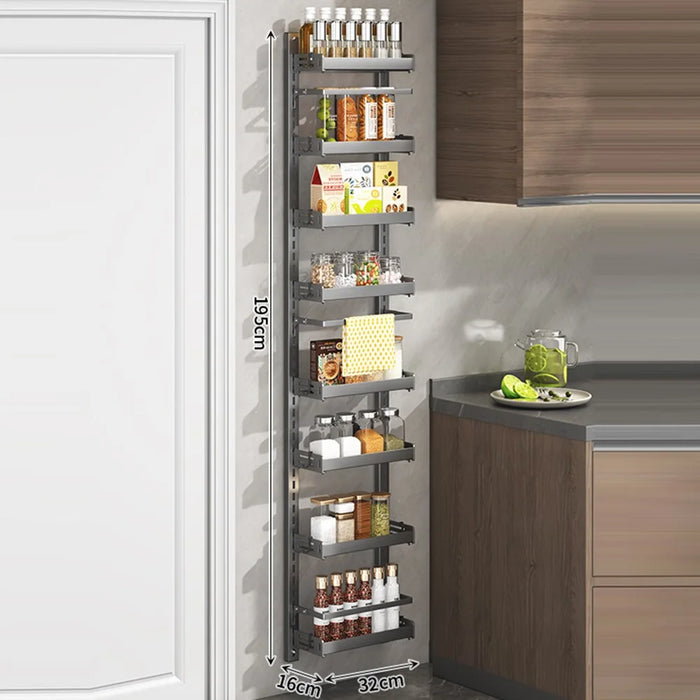 8-Tier Wall Mounted Kitchen Storage Rack with 16Pcs Hooks & 3-Layer Hanging Rod No Drill Adjustable Spice Organizer for Cabinet Door - Grey - 1