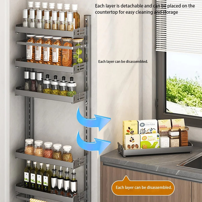 8-Tier Wall Mounted Kitchen Storage Rack with 16Pcs Hooks & 3-Layer Hanging Rod No Drill Adjustable Spice Organizer for Cabinet Door - Grey - 3