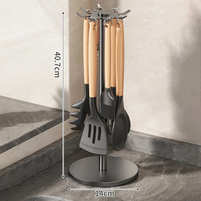 360 Degree Rotating Kitchen Utensil Holder Rack 8-Hook Carbon Steel Organizer Stand for Countertop Storage - Grey Black - 1