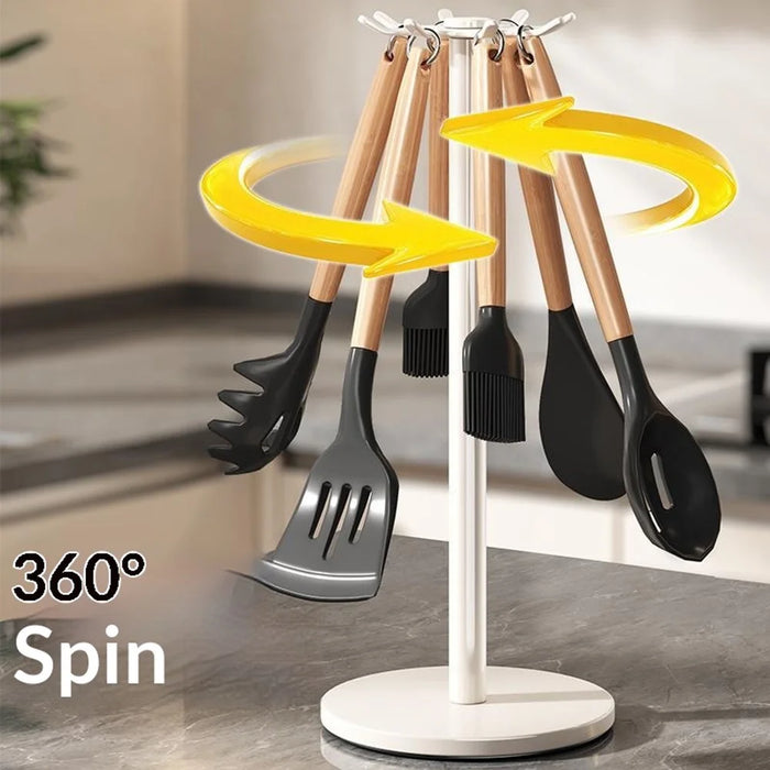 360 Degree Rotating Kitchen Utensil Holder Rack 8-Hook Carbon Steel Organizer Stand for Countertop Storage - Grey Black - 3