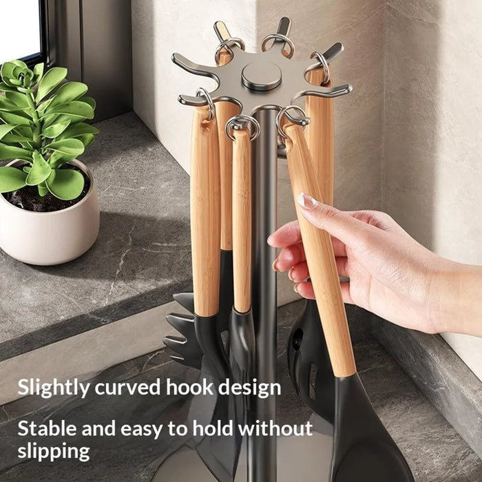360 Degree Rotating Kitchen Utensil Holder Rack 8-Hook Carbon Steel Organizer Stand for Countertop Storage - Grey Black - 5