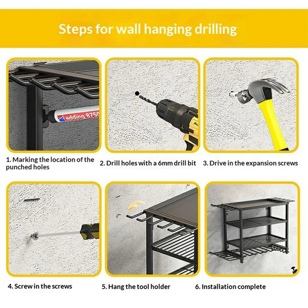 2-Layer Wall Mount Power Tool Storage Rack Garage Workshop Electric Drill Organizer Tool Holder Shelf - 4