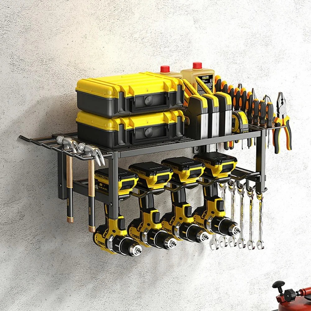 2-Layer Wall Mount Power Tool Storage Rack Garage Workshop Electric Drill Organizer Tool Holder Shelf - 5
