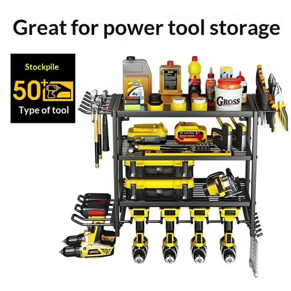3-Layer Wall Mount Power Tool Storage Rack Garage Workshop Electric Drill Organizer Tool Holder Shelf - 2