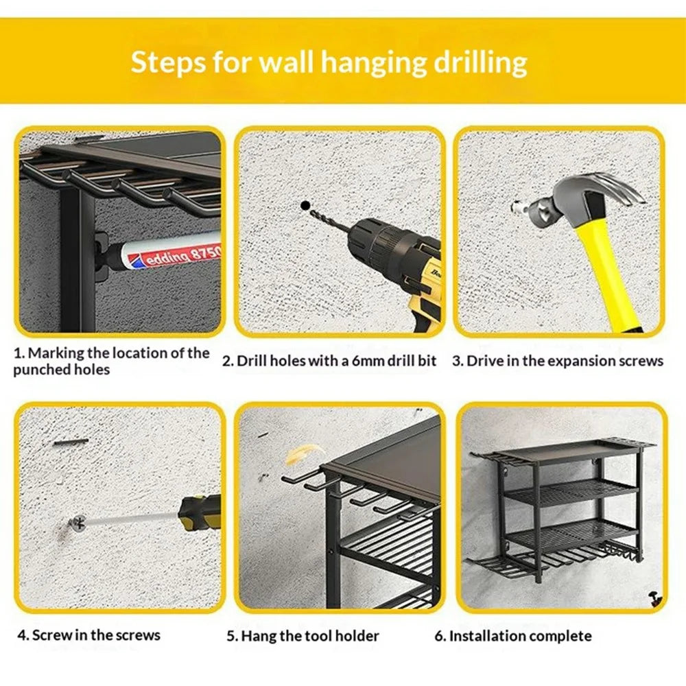 3-Layer Wall Mount Power Tool Storage Rack Garage Workshop Electric Drill Organizer Tool Holder Shelf - 6