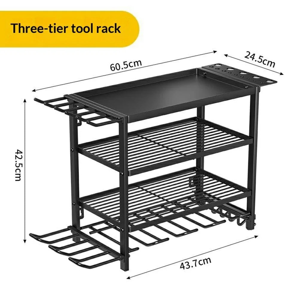 3-Layer Wall Mount Power Tool Storage Rack Garage Workshop Electric Drill Organizer Tool Holder Shelf - 7