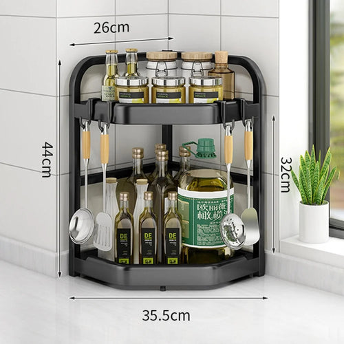 2-Tier 35.5x26x44cm Corner Kitchen Shelf Organizer Triangle Wall Mount No-Drill Spice Storage Rack for Seasoning Bottles - 1