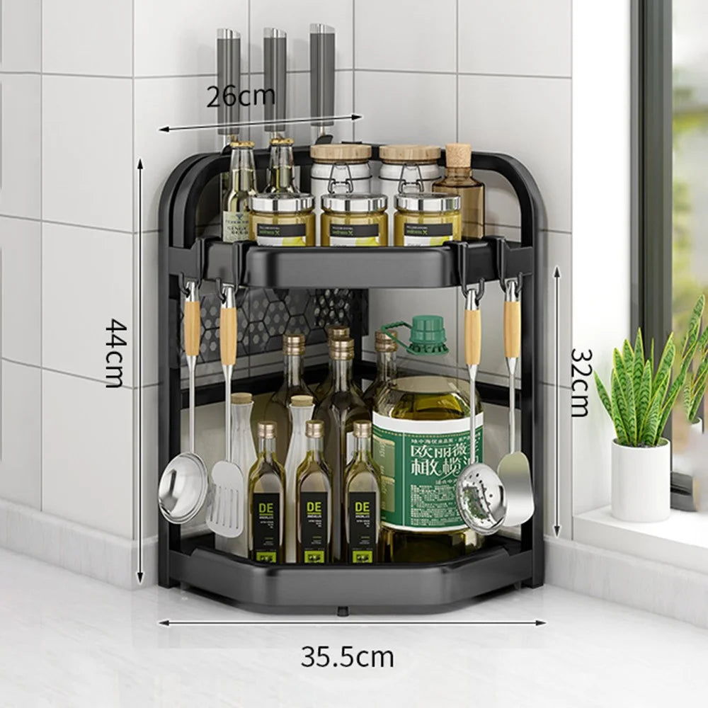 2-Tier 35.5x26x44cm Corner Kitchen Shelf with Knife Slots Organizer Triangle Wall Mount No-Drill Spice Storage Rack for Seasoning Bottles - 1