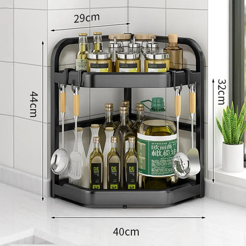 2-Tier 40x29x44cm Corner Kitchen Shelf Organizer Triangle Wall Mount No-Drill Spice Storage Rack for Seasoning Bottles - 1