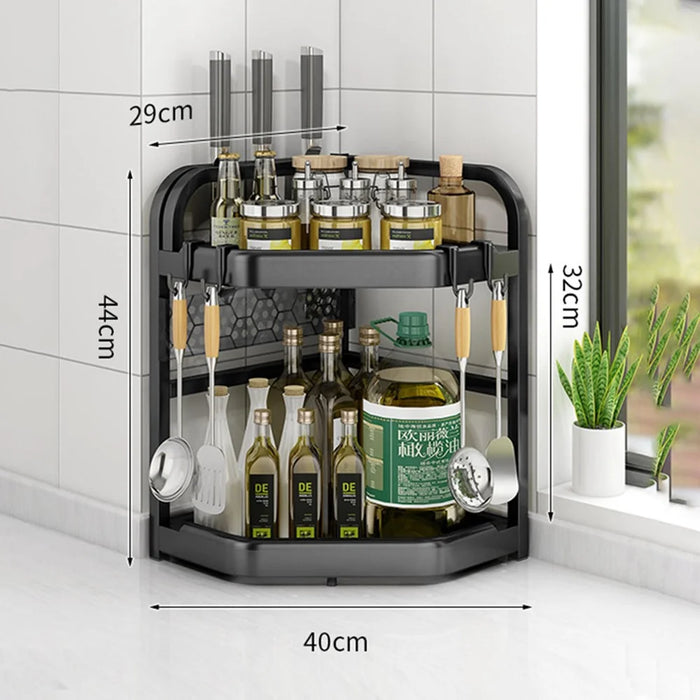 2-Tier 40x29x44cm Corner Kitchen Shelf with Knife Slots Organizer Triangle Wall Mount No-Drill Spice Storage Rack for Seasoning Bottles - 1