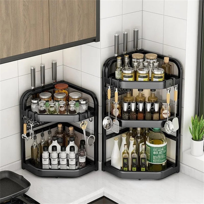 2-Tier 40x29x44cm Corner Kitchen Shelf with Knife Slots Organizer Triangle Wall Mount No-Drill Spice Storage Rack for Seasoning Bottles - 6