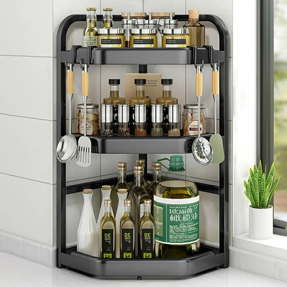 3-Tier 40x29x66cm Corner Kitchen Shelf Organizer Triangle Wall Mount No-Drill Spice Storage Rack for Seasoning Bottles - 1