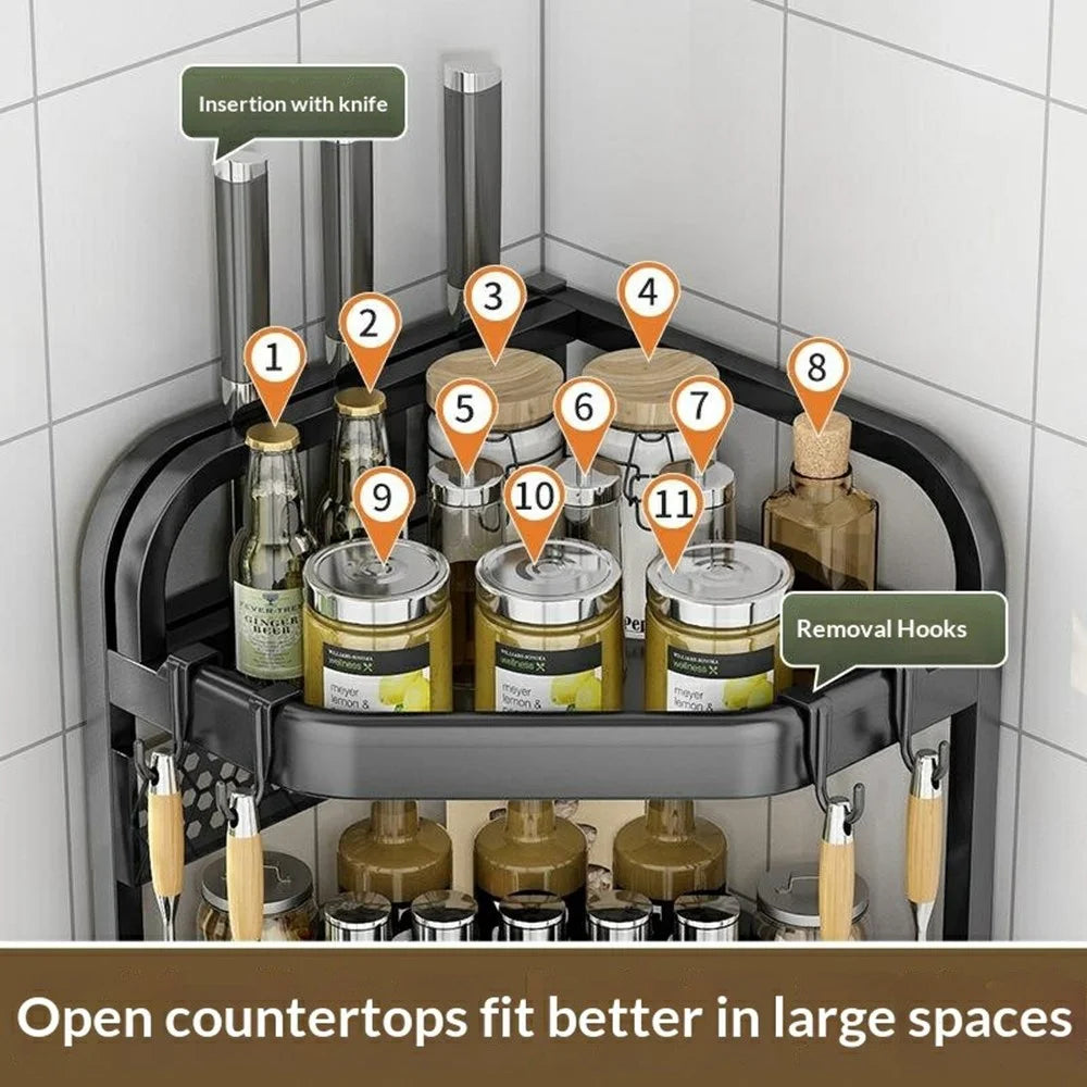 3-Tier 40x29x66cm Corner Kitchen Shelf with Knife Slots Organizer Triangle Wall Mount No-Drill Spice Storage Rack for Seasoning Bottles - 2