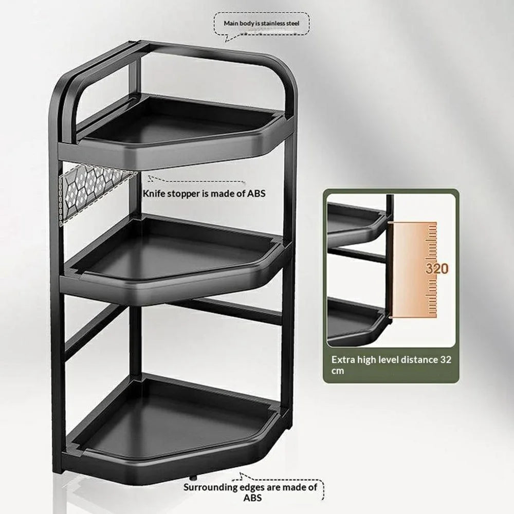 3-Tier 40x29x66cm Corner Kitchen Shelf with Knife Slots Organizer Triangle Wall Mount No-Drill Spice Storage Rack for Seasoning Bottles - 3