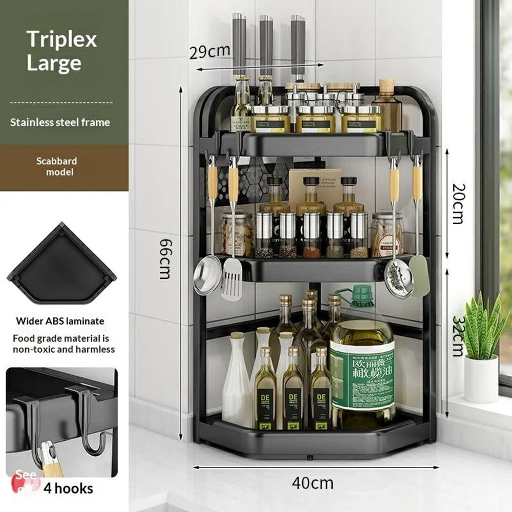 3-Tier 40x29x66cm Corner Kitchen Shelf with Knife Slots Organizer Triangle Wall Mount No-Drill Spice Storage Rack for Seasoning Bottles - 7