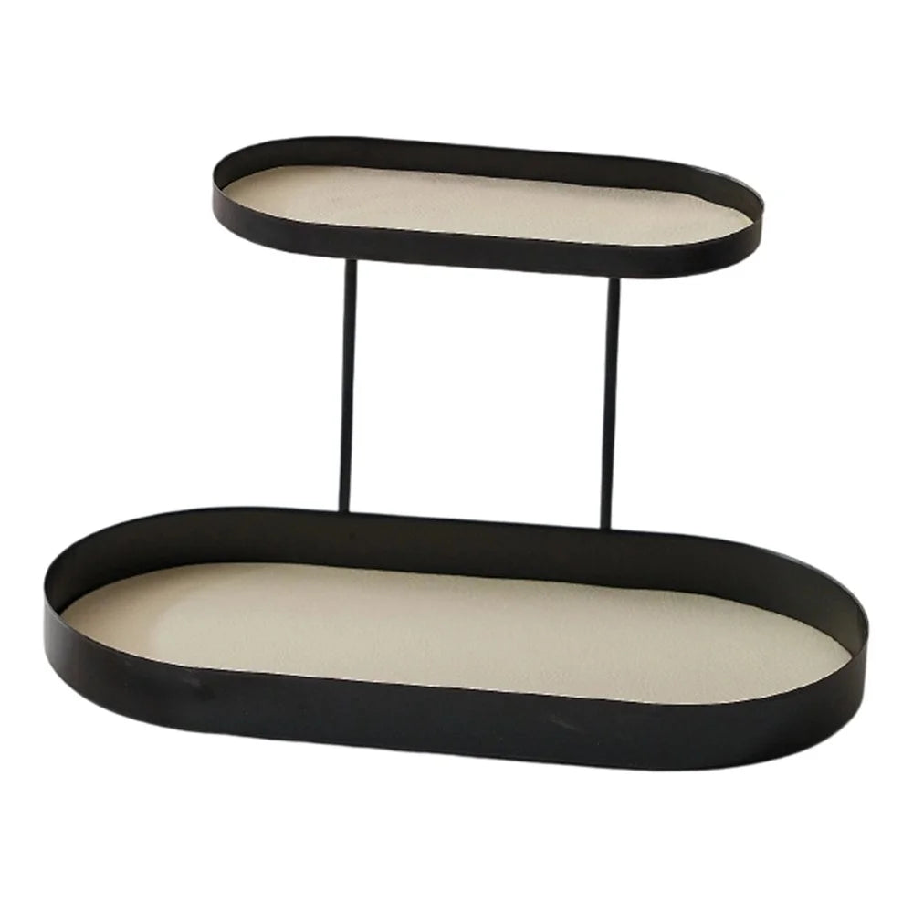2-Tier Metal Desktop Organizer Tray Iron Vanity Makeup Storage Rack for Cosmetics Perfume - Black Oval  /  White Leather - 1