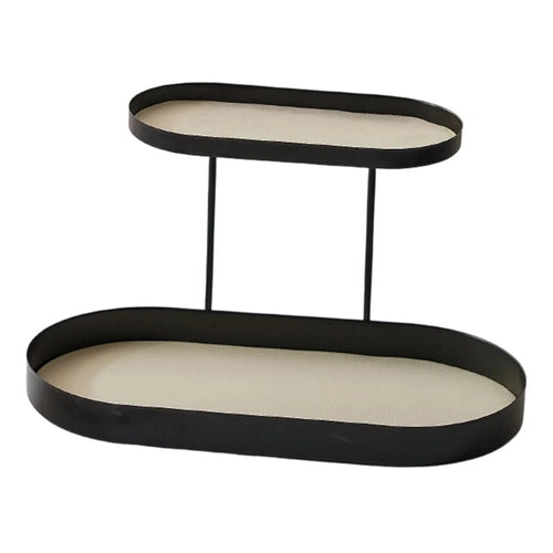 2-Tier Metal Desktop Organizer Tray Iron Vanity Makeup Storage Rack for Cosmetics Perfume - Black Oval  /  White Leather - 1