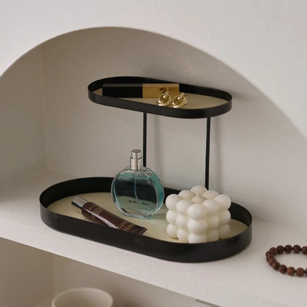 2-Tier Metal Desktop Organizer Tray Iron Vanity Makeup Storage Rack for Cosmetics Perfume - Black Oval  /  White Leather - 2