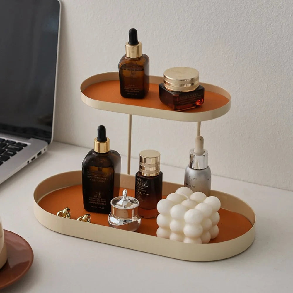2-Tier Metal Desktop Organizer Tray Iron Vanity Makeup Storage Rack for Cosmetics Perfume - Black Oval  /  White Leather - 3